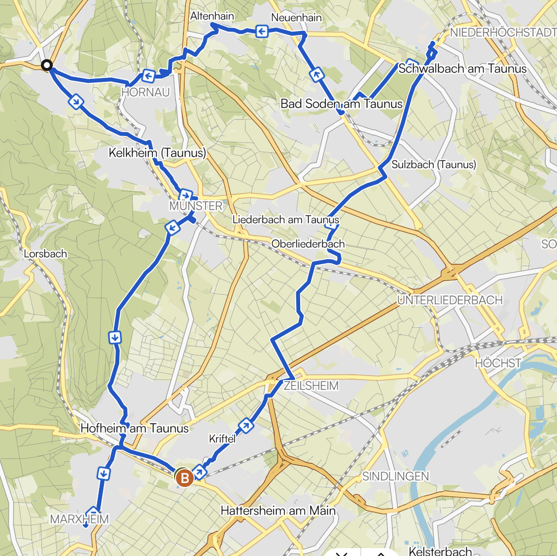 Eine Karte, die eine Fahrradroute durch den Main-Taunus-Kreis zeigt. Die Route heißt 'Tour de Heislitz' und fährt an allen 11 Filialen der Bäckerei vorbei.